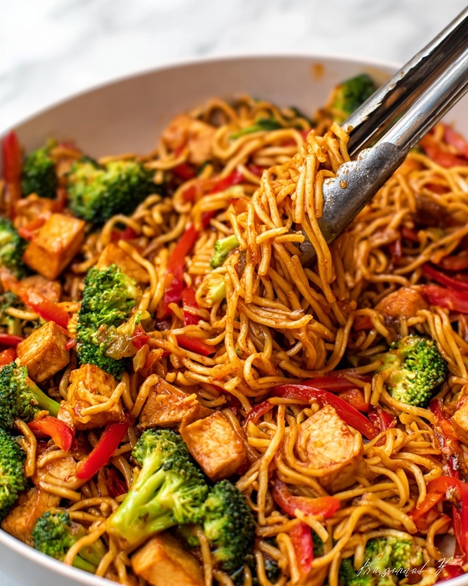 The image shows a close-up of a white bowl filled with stir-fried noodles mixed with bright green broccoli florets, red bell pepper strips, and golden-brown tofu cubes. The noodles are glossy, slightly twisted, and evenly coated with a reddish sauce, with some tongs picking up a bundle of them from the center. The vegetables look fresh and crisp, adding a variety of textures and colors throughout the dish. The bowl sits on a white marbled surface that contrasts with the vibrant colors of the food. Photo taken with an iphone --ar 4:5 --v 7
