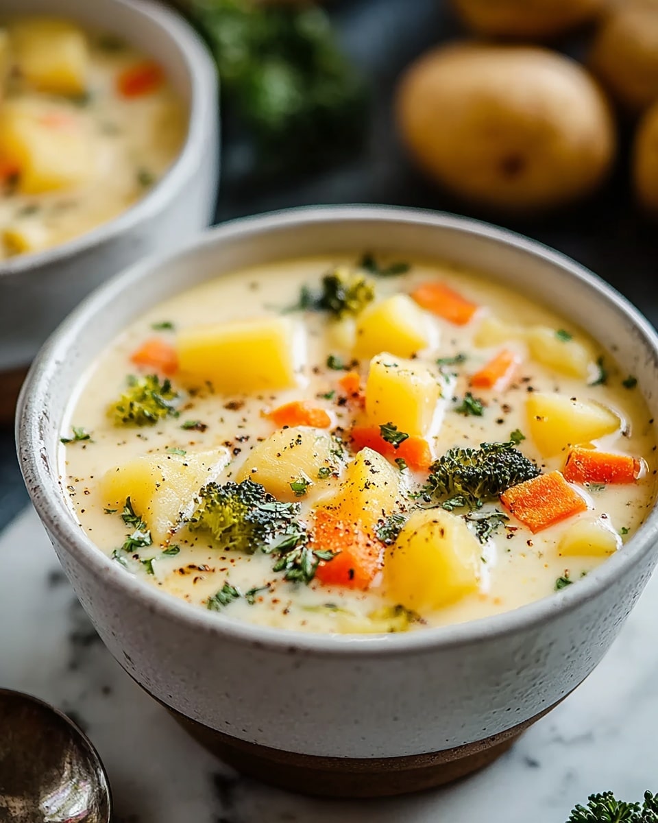 A close-up view of a creamy soup served in a white bowl, filled with chunky pieces of yellow potatoes, small bright orange carrot cubes, green broccoli florets, and fresh green herbs sprinkled on top, all floating in a thick light cream-colored broth, with a few black pepper specks adding texture to the surface. The soup looks rich and inviting, resting on a white marbled surface with a spoon beside the bowl. In the background, there are blurred potatoes and greenery. Photo taken with an iphone --ar 4:5 --v 7