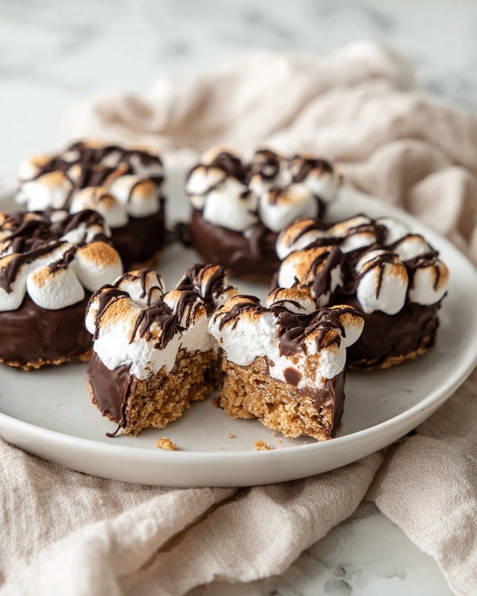 A white plate holds six small round treats made of three visible layers each: the bottom layer is dark brown and smooth, the middle layer is thick and light brown with a crumbly texture, the top layer consists of white marshmallow-like puffs. All treats are drizzled with dark brown chocolate in a random pattern. One treat is cut in half, showing the layered inside clearly. The plate sits on a white marbled surface with soft beige cloths partially visible around it. Photo taken with an iphone --ar 4:5 --v 7