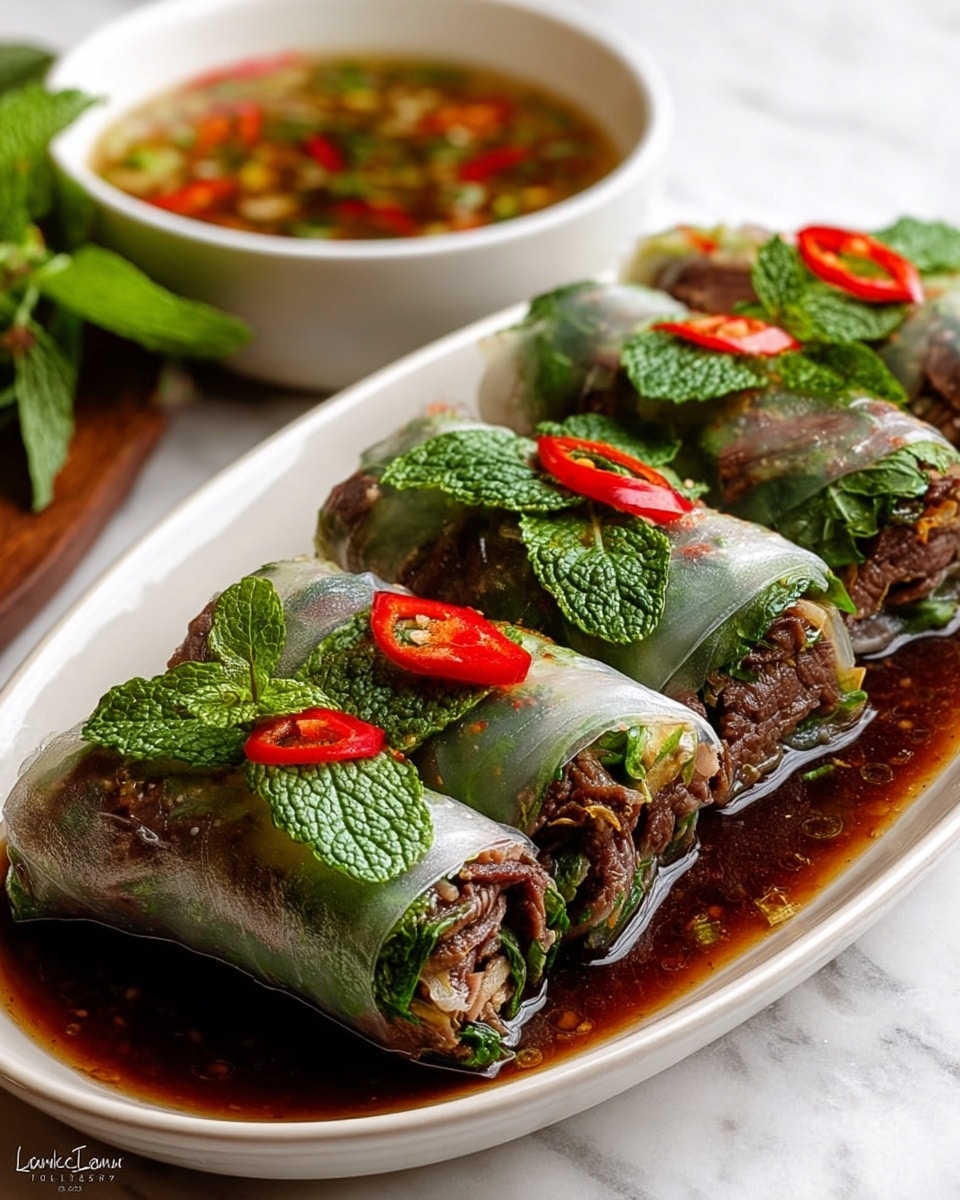 The image shows a wooden tray filled with several spring rolls wrapped tightly with translucent rice paper, each roll filled with layers of thinly sliced meat, dark green herbs, and some chopped vegetables, showing detailed textures inside. The rolls have a slightly glossy look due to the rice paper, and are placed close together, with a few drops of a dark sauce sprinkled on top. A white bowl filled with a brown dipping sauce with red and green chili pieces sits to the right side of the tray. Underneath everything is a white marbled surface. A lemon wedge and some fresh green leaves are placed in the background. Photo taken with an iphone --ar 4:5 --v 7