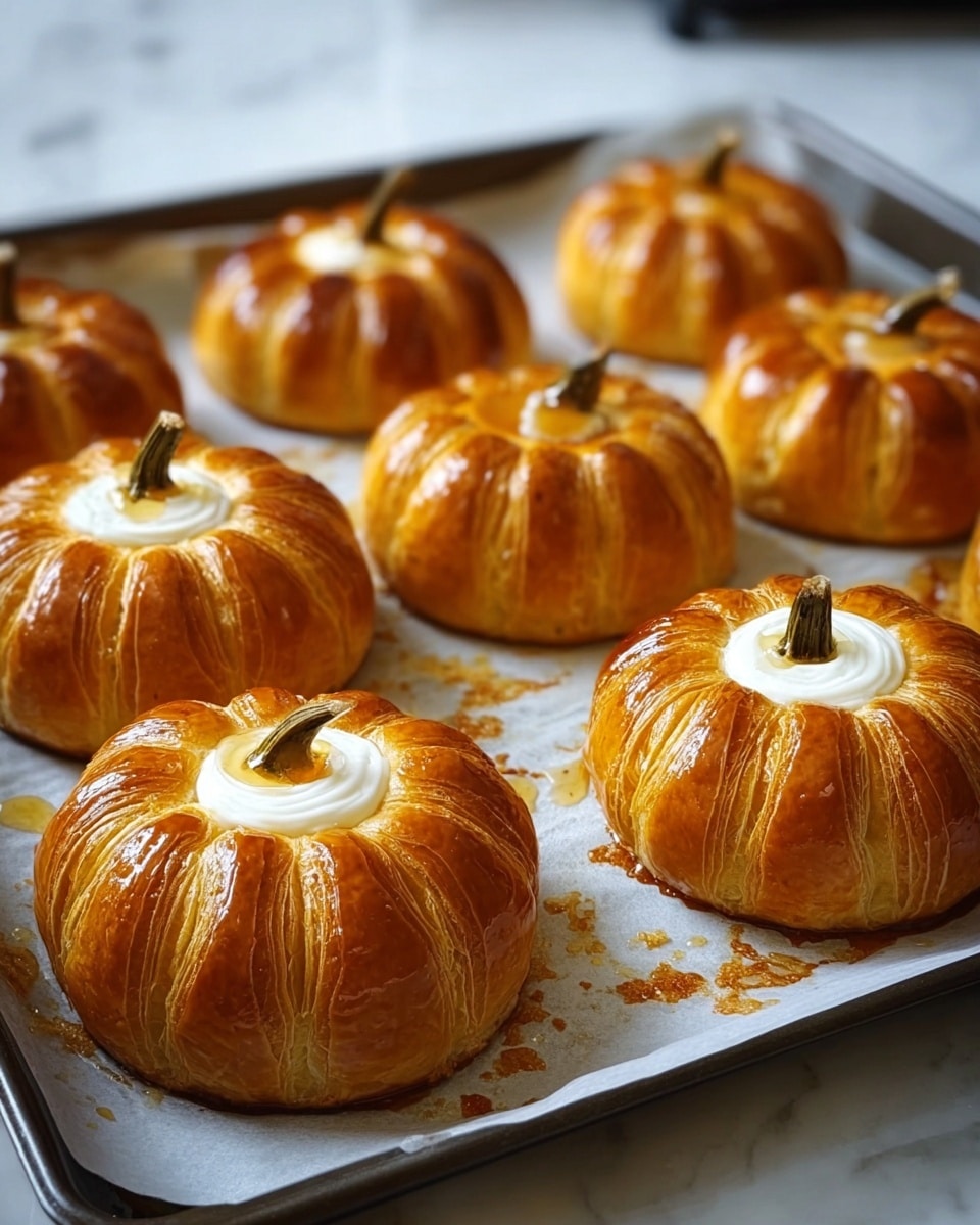 The image shows a baking tray with eight golden-brown pastries shaped like small pumpkins. Each pastry has about seven thick layers of shiny, flaky dough with darker golden stripes radiating from the center to the edges. The center has a small brown stem, and one pastry in front has a hollow filled with a smooth white cream topped with a small drop of amber syrup. The pastries sit on white baking paper with some crumbs scattered around, and the tray is on a white marbled surface. photo taken with an iphone --ar 4:5 --v 7