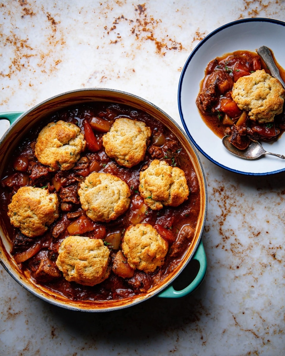 A round teal pot holds a rich, dark stew made of chunks of meat and vegetables in a thick reddish-brown sauce, topped with five golden-brown biscuit-like dough pieces that look crispy and fluffy, arranged evenly on the surface. To the right, a white plate with a thin blue rim carries a smaller serving of the stew, with one biscuit resting on top of the meat and sauce. A silver spoon lies next to the food on the plate. The background features a white marbled texture with specks of rust-like marks. photo taken with an iphone --ar 4:5 --v 7