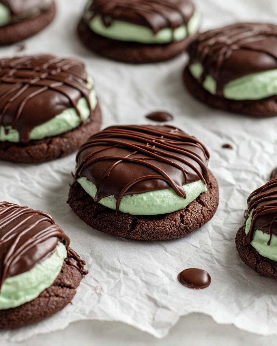 The image shows several chocolate cookies laid out on crinkled white parchment paper over a white marbled surface. Each cookie has three visible layers: a dark brown, slightly cracked chocolate cookie base; a thick, smooth pale green mint cream layer in the middle; and a glossy dark chocolate layer on top with additional thin chocolate drizzle lines across. The cookies are round with a slightly rough texture on the bottoms, and small drops of chocolate are scattered around them. Photo taken with an iphone --ar 4:5 --v 7