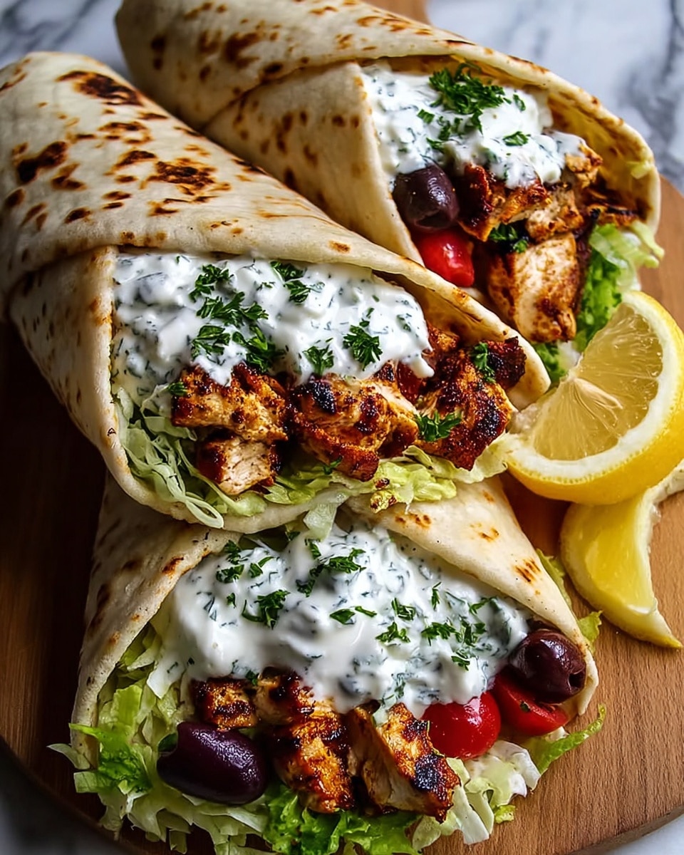 A white plate with two pita bread wraps, each fold showing soft, golden-brown pita on the outside. Inside the first wrap, there are grilled brown chicken pieces, bright green leafy lettuce, and slices of red tomato, with a smooth white sauce dollop on the side near the wrap's edge. The second wrap has visible light green shredded lettuce and red tomato slices topped with small green herb leaves. A woman's hand is holding and lifting the first wrap slightly. To the side, there is a white bowl filled with golden French fries, and a tall glass of orange juice blurred in the background. The setting is on a white marbled textured surface. Photo taken with an iphone --ar 4:5 --v 7