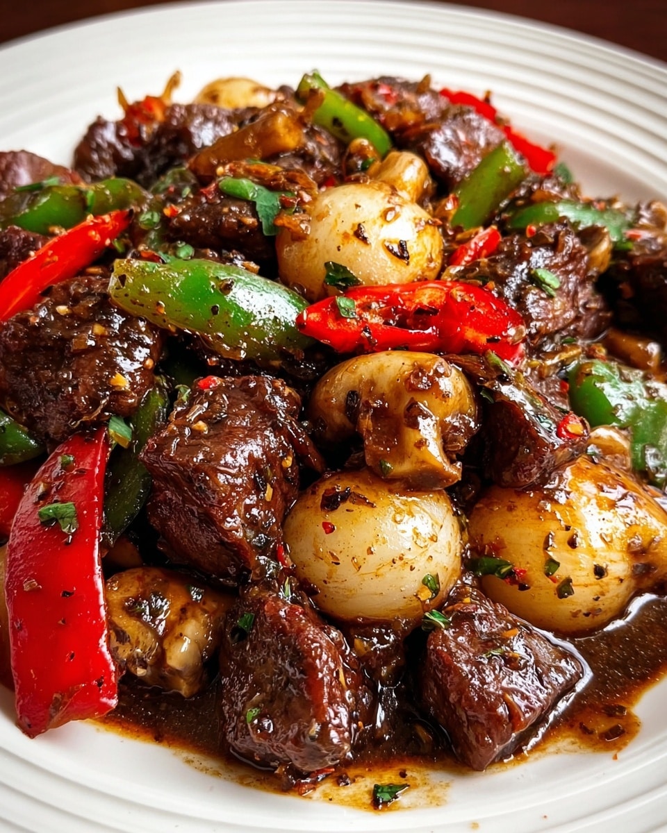 This dish is served on a white plate with raised lines around the edge, filled with three main layers: the bottom layer has a shiny brown sauce coating everything; the middle layer includes chunks of cooked mushrooms in light to dark brown shades and medium-sized pieces of white onions with slightly charred edges; the top layer features bright red and green bell pepper pieces, tender-looking brown meat chunks, small green herbs scattered throughout, and thin slices of red chili peppers, all mixed together, creating a colorful and textured look. photo taken with an iphone --ar 4:5 --v 7