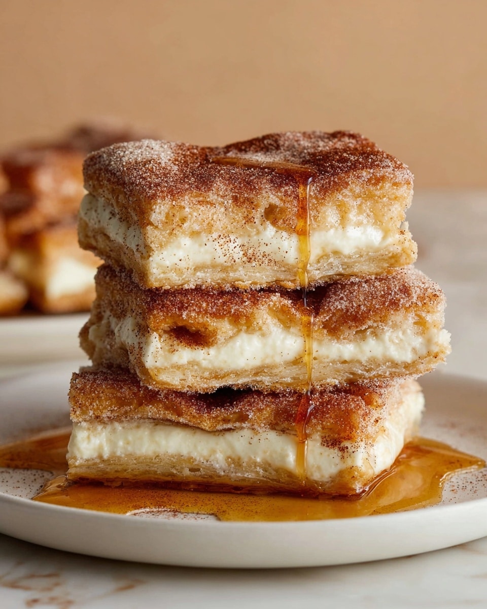 A stack of four rectangular pastries is shown on a white plate sitting on a white marbled surface. Each pastry has three layers: the top and bottom layers are golden brown with a crispy texture, lightly dusted with cinnamon and sugar, while the middle layer is thick, creamy, and white. The pastries are drizzled with amber syrup that pools on the plate near the bottom. The background is softly blurred with a beige tone, emphasizing the warm colors and textures of the pastries. Photo taken with an iphone --ar 4:5 --v 7