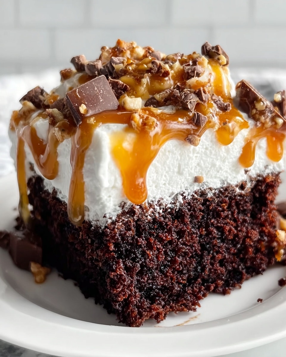 A close-up of a square piece of cake with two distinct layers: the bottom layer is dark brown and moist with a soft, fluffy texture, while the top layer is a thick, white cream that looks smooth and light. Drizzled over the cream is a shiny golden caramel sauce with small bits of chopped nuts and chocolate pieces scattered on top. The cake sits on a white round plate with a white marbled surface as the background. photo taken with an iphone --ar 4:5 --v 7