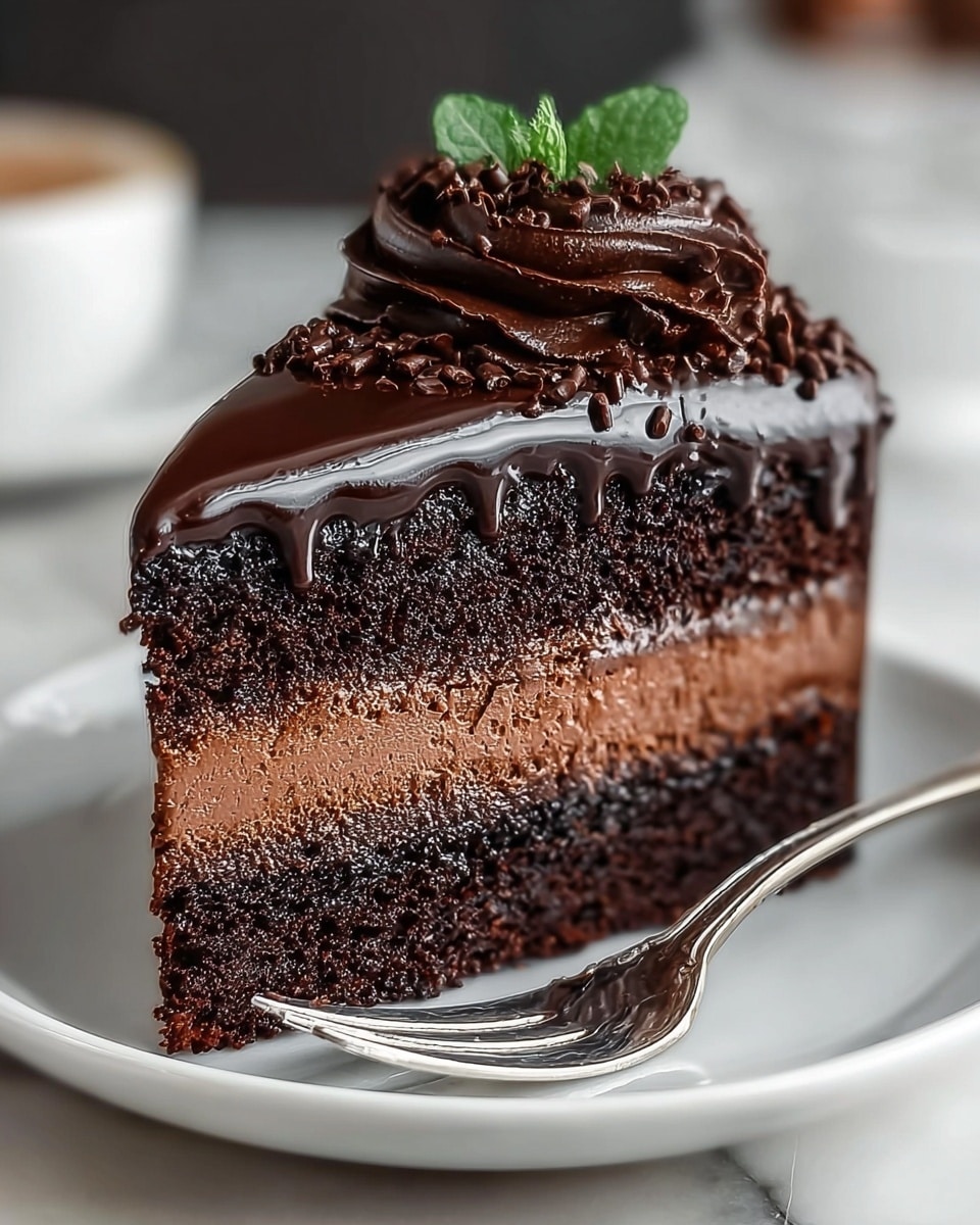 A slice of rich chocolate cake with three layers is placed on a white plate with a silver fork next to it. The bottom and top layers are dark, moist chocolate cake, while the middle layer is a smooth, lighter brown chocolate mousse. The top of the cake has a thick, glossy dark chocolate glaze that drips slightly over the sides. On top, there is a swirl of dark chocolate frosting sprinkled with small chocolate crumbs, and a small green mint leaf adds a pop of color. The setting includes a blurred background with a white marbled texture under the plate. Photo taken with an iphone --ar 4:5 --v 7