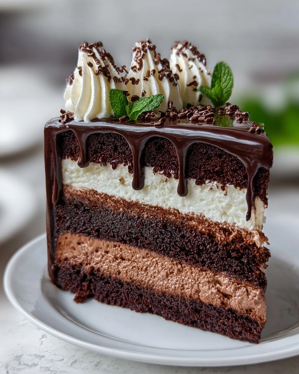A slice of cake with four layers sits on a white plate with chocolate drizzle spots around it. The bottom layer is dark chocolate sponge, followed by a thick white cream layer, then another dark chocolate sponge layer topped with a light brown creamy layer. The top layer is dark chocolate sponge covered with shiny chocolate ganache that drips down the sides. On top, there are three swirls of white whipped cream with small chocolate crumbs sprinkled over them. The background is softly blurred with green and brown tones, on a white marbled surface. Photo taken with an iphone --ar 4:5 --v 7