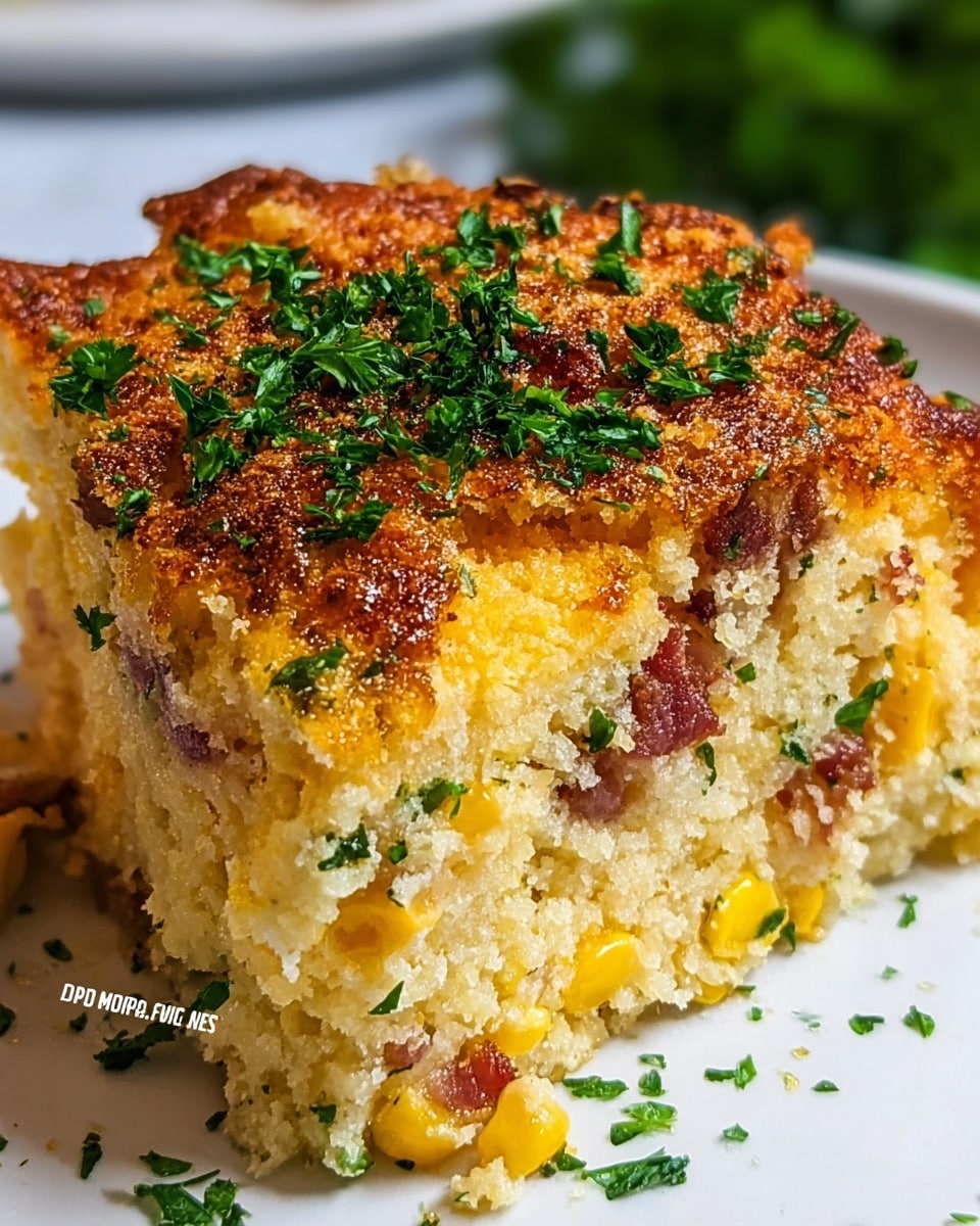 A close-up of a thick slice of corn casserole shows multiple layers: the top is golden brown and crispy with a slightly rough texture sprinkled with bright green chopped parsley. Below this is a soft, light yellow layer with visible whole corn kernels and small pieces of bacon, giving some reddish-brown contrast. The casserole looks moist and crumbly inside with specks of green herbs spread throughout. The slice sits on a white plate on a white marbled surface, with some parsley scattered around. photo taken with an iphone --ar 4:5 --v 7