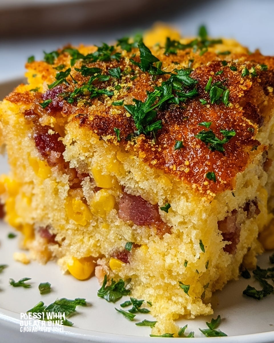 The image shows a close-up of a thick slice of baked cornbread casserole with visible layers. The top layer is golden-brown and crispy with a crumbly texture, sprinkled with bright green chopped herbs. Below this, the layers consist of soft, yellow corn kernels mixed with light creamy cornbread, and bits of reddish-brown bacon are seen scattered inside. The dish sits on a white plate with a white marbled textured surface underneath. Photo taken with an iphone --ar 4:5 --v 7