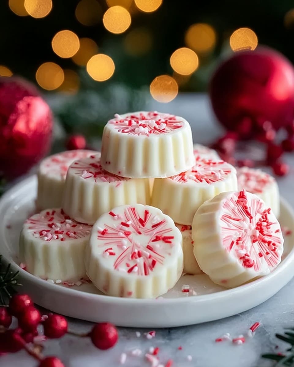 A white plate sitting on a white marbled surface holds a neat stack of small, round white treats with a smooth, slightly ridged edge. Each treat is decorated on top with red sprinkles forming star or swirl patterns, giving a festive look. The background is blurred with warm yellow lights, red balls, and greenery, suggesting a holiday theme. photo taken with an iphone --ar 4:5 --v 7