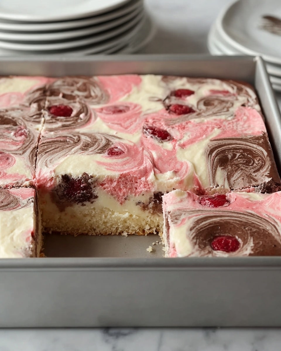 The image shows a square metal baking pan filled with a layered dessert that has been partially cut to show the inside. The dessert has three main layers visible on top: the base layer is a mix of creamy white and brown with a textured pattern, which appears to be the cake part with swirls of chocolate and red spots. On top of that base is a thick layer of creamy frosting with swirls of pink, white, and dark brown, creating a marbled look. The frosting layers are smooth yet textured, with colors blending in a swirling pattern across the top. The pan is placed on a white marbled texture surface, and in the background, several stacked white plates are visible. photo taken with an iphone --ar 4:5 --v 7