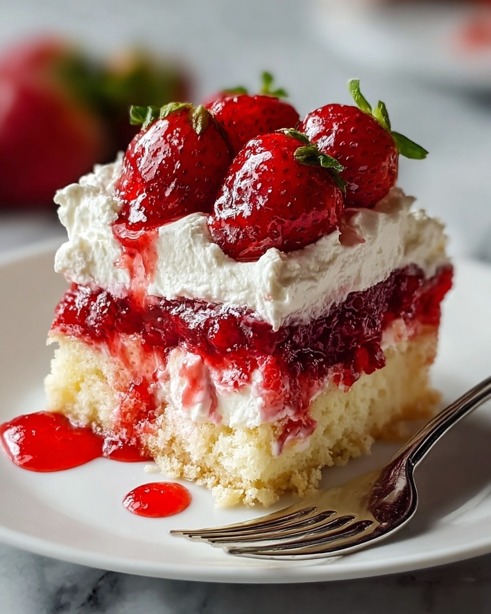 A close-up of a dessert with three visible layers on a white plate; the bottom layer is a crumbly pale yellow cake base, the middle layer is a bright red, chunky strawberry filling that looks juicy and rich, and the top layer is thick white whipped cream with a soft texture. On top of the dessert, there are several whole, shiny red strawberries with green leaves, and glossy strawberry sauce drizzled over both the cream and the plate, with some drops visible near a metallic fork on the side. The background features a white marbled texture. photo taken with an iphone --ar 4:5 --v 7