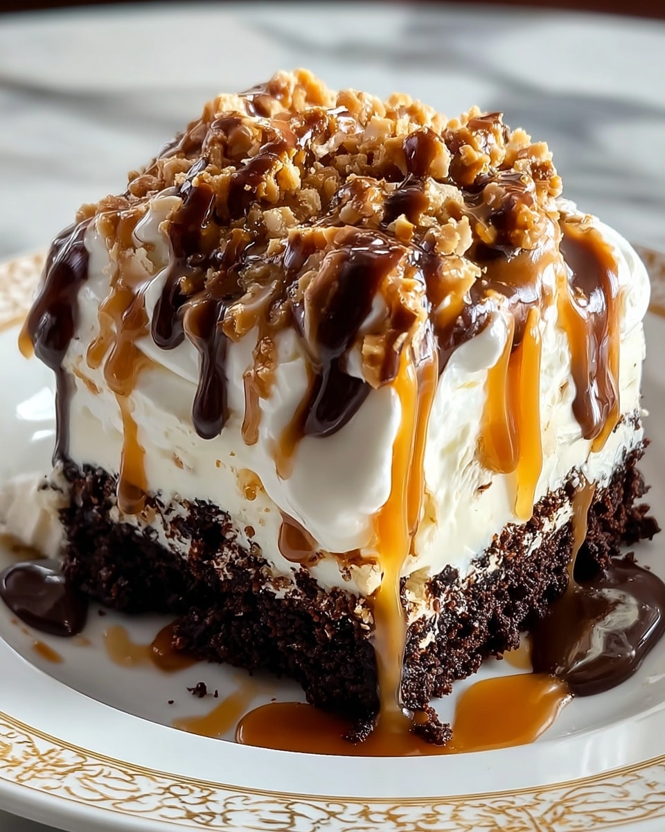A rich dessert with three main layers sits on a white plate with a gold pattern. The bottom layer is a dark, moist chocolate cake with a crumbly texture. Above it, there is a thick white cream layer, soft and fluffy, topped by crumbled caramel pieces that add a crunchy texture. Drizzled over the top are flowing streams of shiny caramel and chocolate sauce, some dripping down the sides and pooling lightly on the plate, creating a warm contrast against the dark cake and white cream. The background is a white marbled texture. photo taken with an iphone --ar 4:5 --v 7