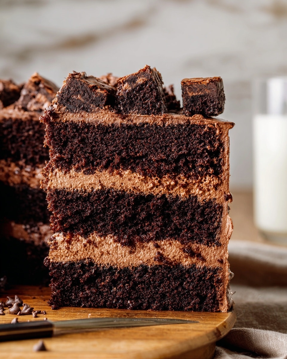 A three-layer chocolate cake with dark, moist cake layers separated by smoother, lighter brown chocolate cream layers is shown close-up. The top of the cake is decorated with small square pieces of rich, dense chocolate brownies with a cracked, crumbly texture and bits of chocolate chips visible. The cake rests on a wooden board, and a glass of milk is partly visible in the background against a white marbled texture. The overall look is rich and inviting, showing the contrast between the crumbly brownies, moist cake, and creamy frosting. Photo taken with an iphone --ar 4:5 --v 7