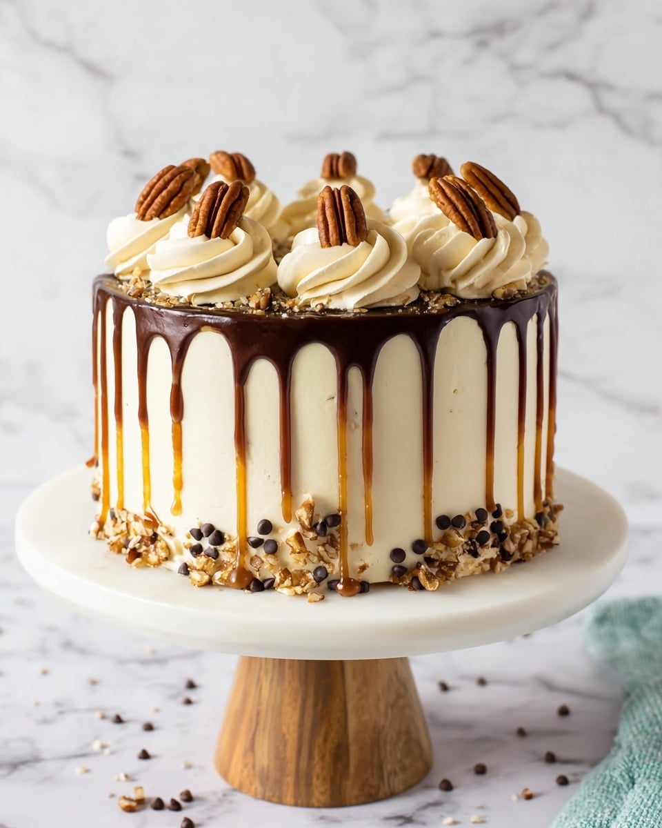 The cake has three layers covered with smooth light cream frosting. Around the top edge, there is a drizzle of dark chocolate and caramel sauce running down the sides. The top is decorated with six swirls of creamy frosting, each topped with a pecan half. Chopped nuts and small chocolate chips are sprinkled around the base and on top of the cake near the frosting swirls. The cake sits on a white cake stand with a wooden base, all placed on a white marbled surface. photo taken with an iphone --ar 4:5 --v 7
