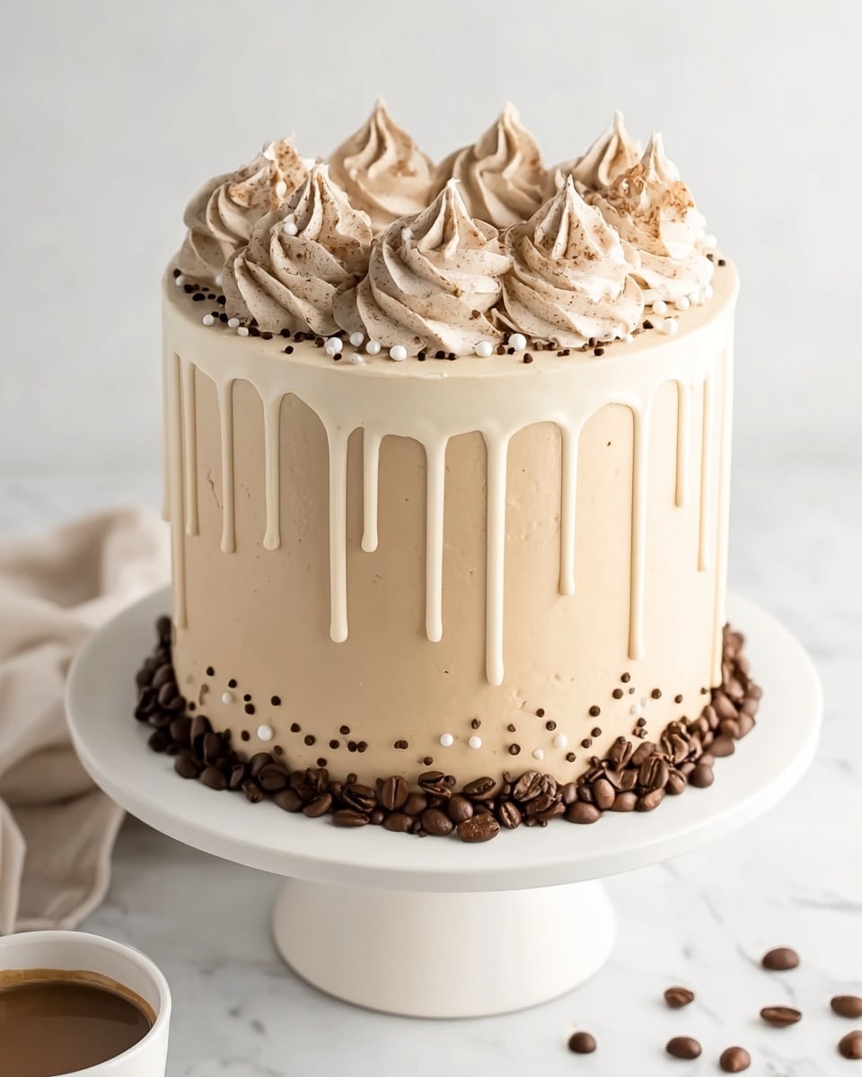 A tall, round cake with a smooth light tan frosting covering the sides, topped with a thick layer of light creamy white drip glaze dripping unevenly down the edges. The top of the cake is decorated with large swirls of light brown frosting arranged in a circle, dotted with small dark brown and white round sprinkles. Around the base of the cake on a white cake stand, there is a ring of whole coffee beans. The scene is set on a white marbled surface. Photo taken with an iphone --ar 4:5 --v 7
