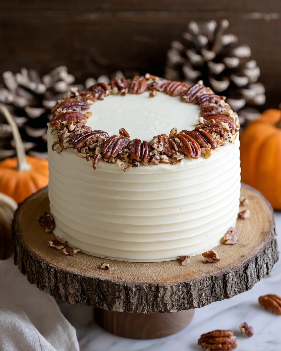 A three-layer cake covered with smooth white cream that has horizontal ridges around the sides. The top is decorated with a ring of glossy caramelized pecans and small nut pieces. The cake sits on a round wooden stand with a rough bark edge. In the background, there are pine cones and pumpkins on a white marbled surface. Photo taken with an iphone --ar 4:5 --v 7