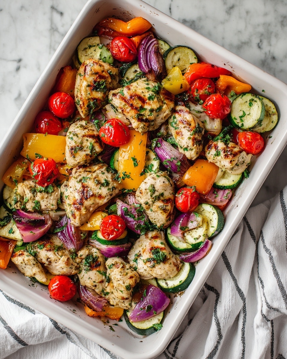 A white baking tray filled with a colorful mix of grilled chicken pieces and vegetables. The chicken is golden brown with grill marks, placed mostly on top. Bright red cherry tomatoes, orange and yellow bell pepper slices, green zucchini pieces, and purple onion chunks are spread evenly around and under the chicken. Fresh green herbs are sprinkled on top, adding a touch of brightness. The tray sits on a white marbled surface with part of a white cloth with black stripes visible on the side. photo taken with an iphone --ar 4:5 --v 7