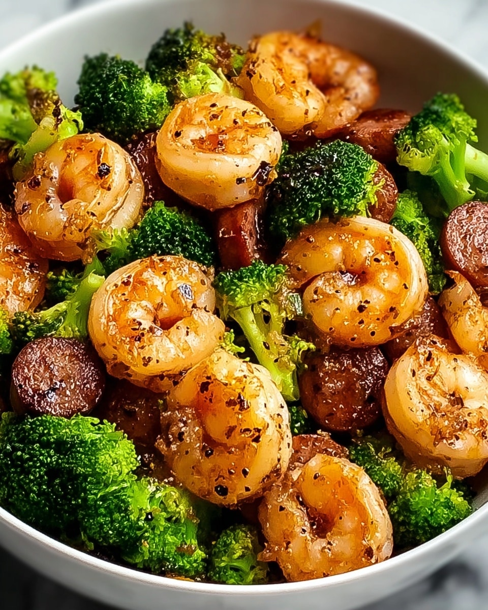 A close-up view of a white bowl filled with a mix of cooked shrimp, broccoli florets, and small browned sausage pieces. The shrimp are a light orange color with a slight char and glistening with a light sauce and black pepper specks, curled and layered on top. The broccoli is bright green with a fresh, slightly crispy texture, scattered between the shrimp. The sausage pieces are dark brown, round, and nestled among the other ingredients. Everything sits on a white marbled surface. photo taken with an iphone --ar 4:5 --v 7