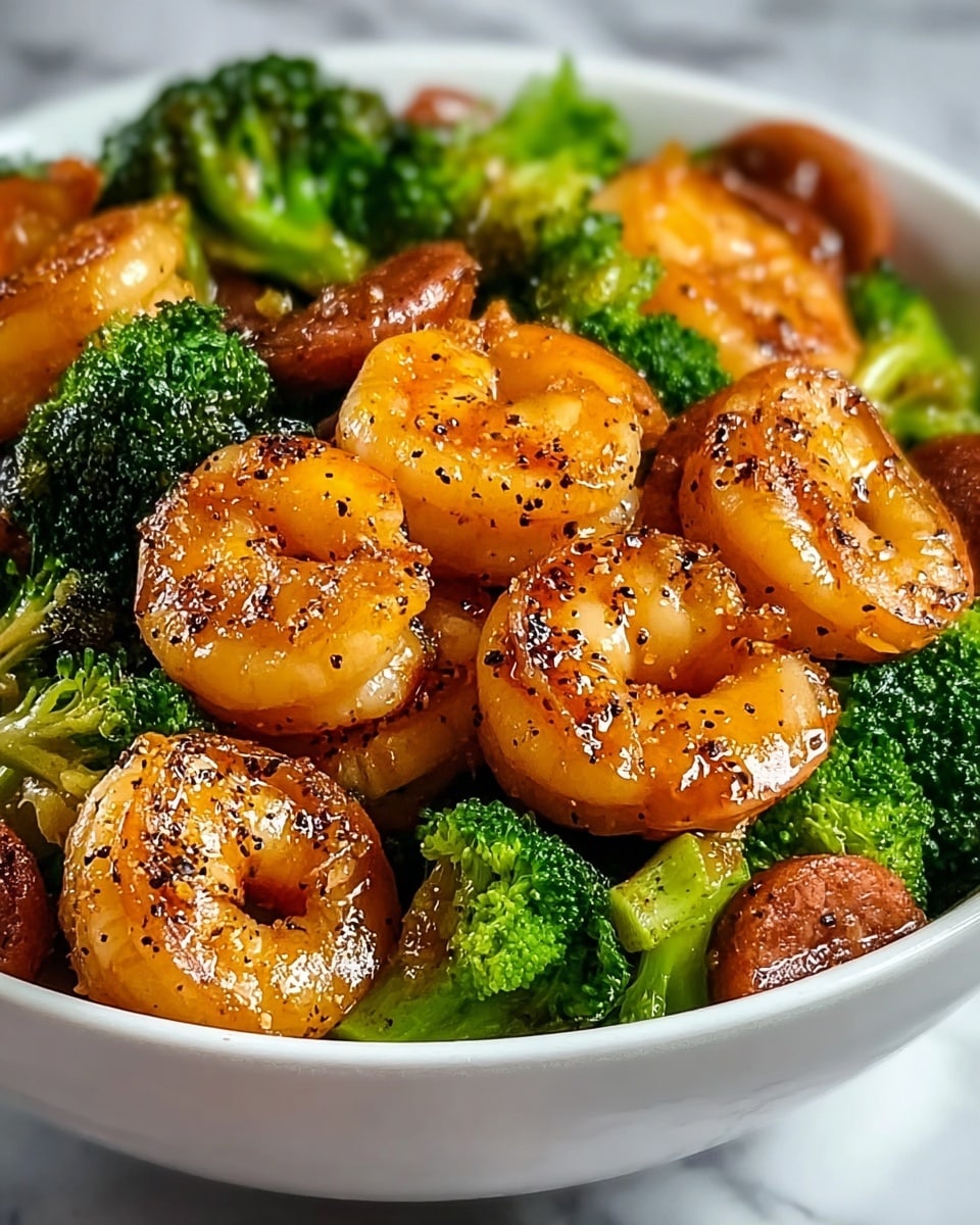 The dish in a white bowl shows several curled, orange shrimp with a shiny, lightly charred surface, peppered with black specks. Underneath and around the shrimp are vibrant green broccoli florets, giving a fresh contrast. Scattered between the shrimp and broccoli are small, round, brown sausage pieces with a caramelized look. The textures range from the smooth, glossy shrimp to the slightly rough broccoli and the firm sausages. The whole dish looks hot and freshly cooked, set against a white marbled background. photo taken with an iphone --ar 4:5 --v 7