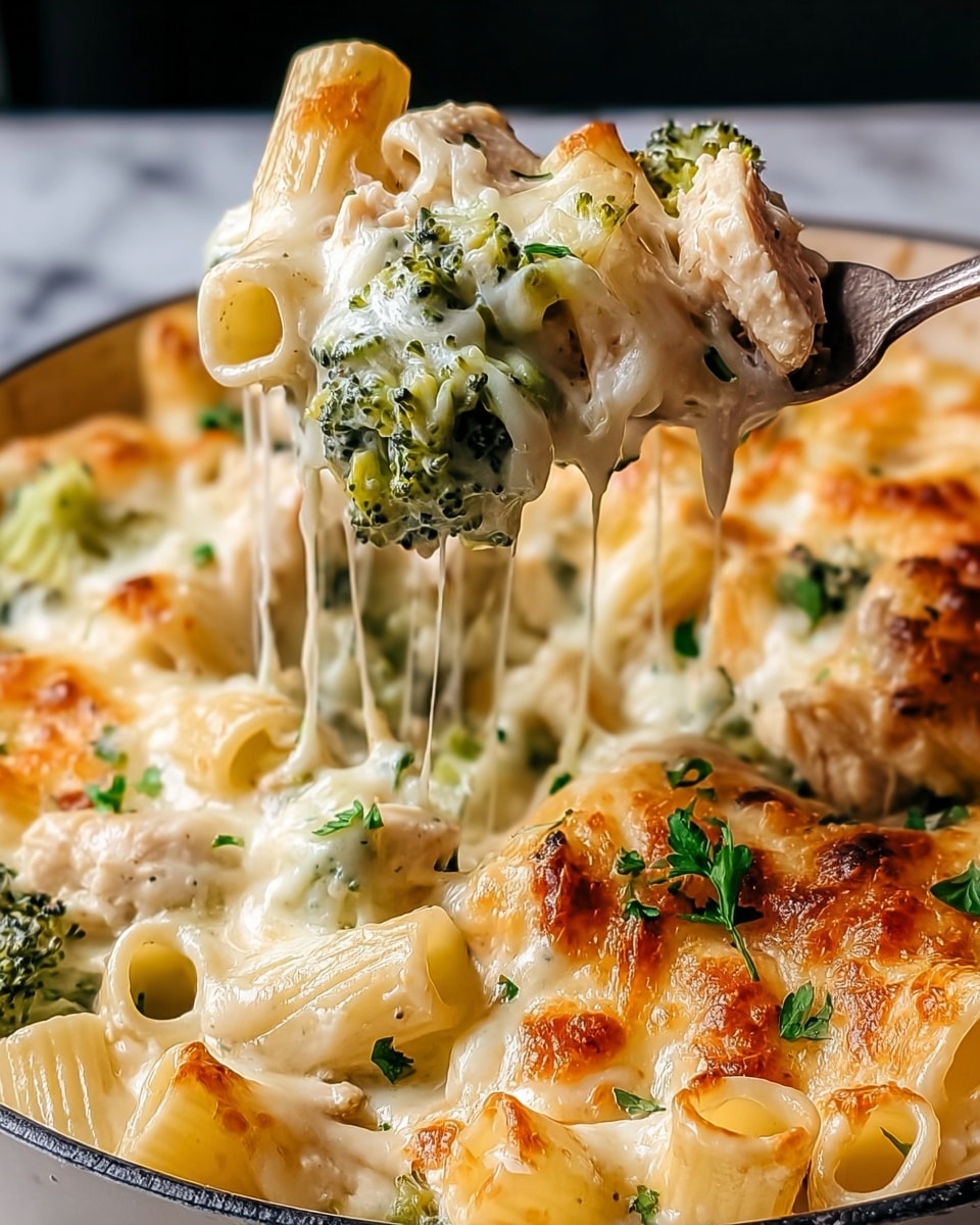 The image shows a close-up of a cheesy pasta dish with three main layers: the bottom layer has light pale yellow pasta tubes surrounded by melted creamy white cheese, the middle layer contains green broccoli florets mixed in with the pasta and cheese, and the top layer has golden-brown toasted cheese spots and chunks of tender white chicken. The cheese is stretchy and gooey, pulling up with a metal fork, and small green parsley leaves add a touch of color on the surface. The dish is served in a white pan on a white marbled surface. photo taken with an iphone --ar 4:5 --v 7