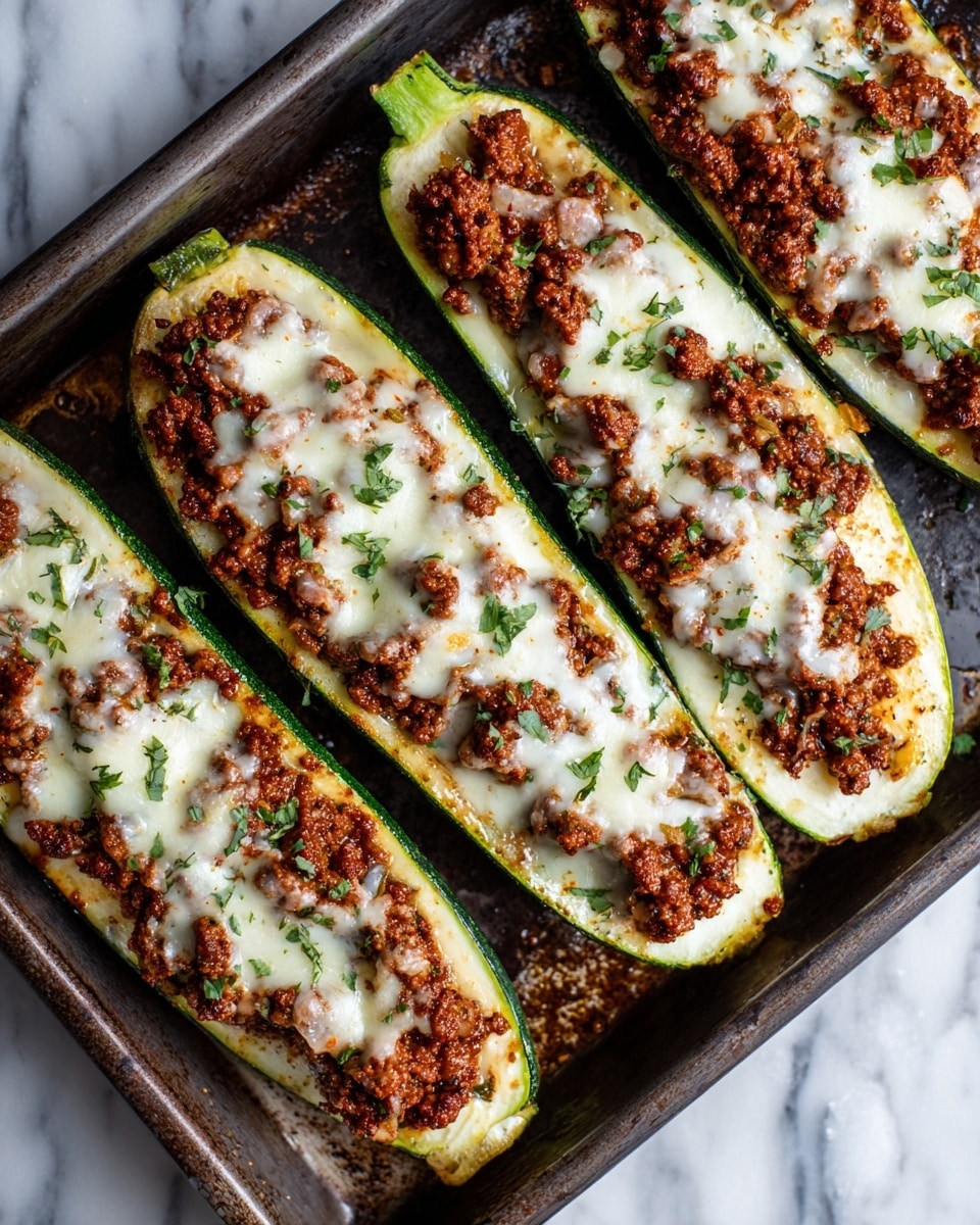 Three zucchini halves are placed side by side on a dark baking tray, each filled with layers that start with the hollowed green and light green zucchini base, topped with a rich, crumbly brown meat mixture, and finished with a melted layer of creamy white cheese scattered with small green herb pieces. The cheese is slightly browned and bubbly in spots, adding texture and depth, and the herbs add a fresh pop of color. The background shows the edges of the metal tray with slight oil spots reflecting light, set against a white marbled texture. Photo taken with an iphone --ar 4:5 --v 7
