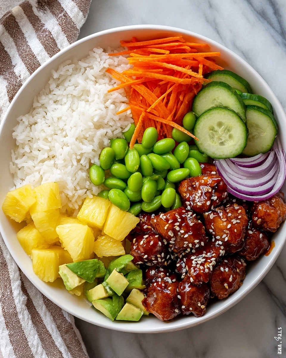 The image shows a white bowl filled with a colorful poke bowl with seven visible layers. Starting from the left, there are small chunks of glazed brown chicken sprinkled with sesame seeds, followed by yellow pineapple pieces mixed with small cubes of green avocado. In the center at the back, a layer of white rice sits next to bright green edamame beans. Below the edamame, vibrant orange shredded carrots, thinly sliced pale purple onion, and several pieces of light green cucumber are layered side by side. There is a small pile of chopped green spring onions near the carrots. The bowl is on a white marbled surface, with light brown wooden chopsticks to the left and an orange cloth to the right. In the background, there is a small white bowl with a creamy beige sauce and an orange bowl filled with sesame seeds. Photo taken with an iphone --ar 4:5 --v 7
