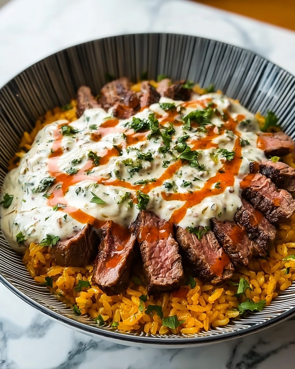 A white bowl with dark vertical stripes holds a dish with three visible layers. The bottom layer is a bed of orange-yellow rice with a slightly fluffy texture. On top, slices of medium-rare steak with a brown crust and pink center are fanned out in a circular pattern. The steak is covered by a creamy white sauce with green herb bits scattered inside, drizzled with a reddish-orange sauce. Fresh chopped green herbs are sprinkled on top. The bowl is placed on a white marbled surface. photo taken with an iphone --ar 4:5 --v 7