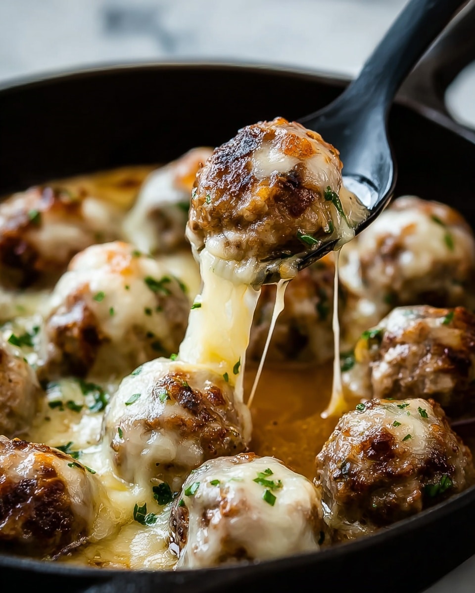 A close-up of a round cooked meatball covered with melted golden cheese on top, resting in a black pan among several similar meatballs. Each meatball layer shows a browned, slightly crispy surface with the inside texture of ground meat mixed with herbs. The cheese layer on top is creamy, stringy, and melted, stretching as a black spoon lifts one meatball. Small green herb bits are scattered over the cheese. The pan holds a brown, glossy sauce pooling around the meatballs. The background is a white marbled texture. Photo taken with an iphone --ar 4:5 --v 7