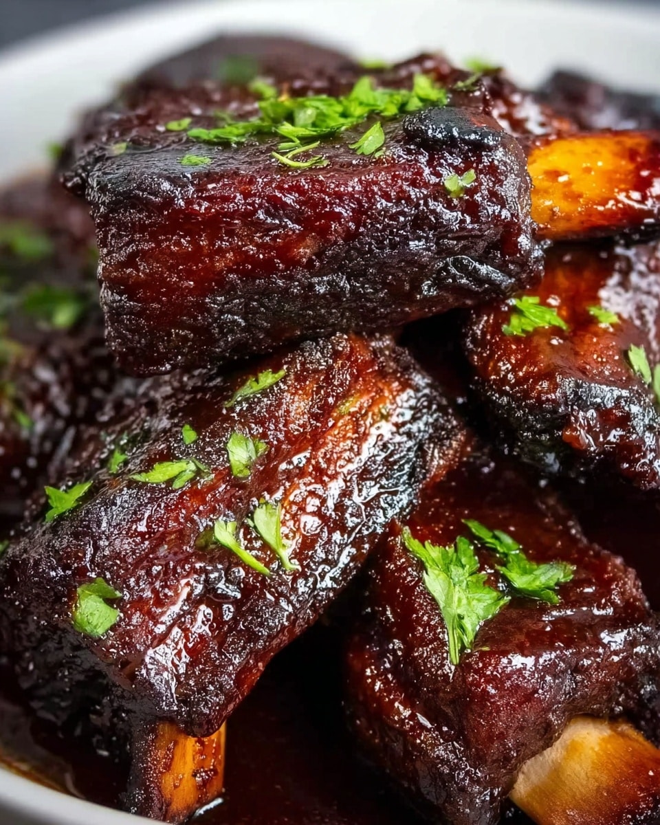 The image shows several thick, dark brown ribs stacked closely together on a white plate, covered with a shiny, sticky glaze that looks rich and caramelized. The ribs have a slightly charred texture with glossy sauce coating each piece, making them look juicy and tender. Small green parsley leaves are scattered on top, adding a fresh contrast to the dark meat. The white marbled textured surface can be seen softly in the background. photo taken with an iphone --ar 4:5 --v 7