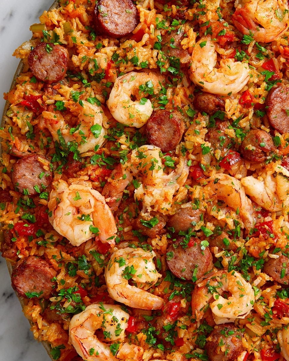 A black large skillet filled with a colorful shrimp and sausage jambalaya. The dish has three main layers: the bottom is orange-red cooked rice mixed with small pieces of red bell pepper and tomato, the middle layer consists of browned sliced sausage rounds, and the top layer is plump pink shrimp scattered evenly and garnished with green chopped parsley. Around the skillet, on a wooden board, there is a torn loaf of crusty bread and a small white bowl with more chopped parsley. Below the skillet, there is a stack of light gray plates with two forks resting on top against a white marbled surface. Photo taken with an iphone --ar 4:5 --v 7