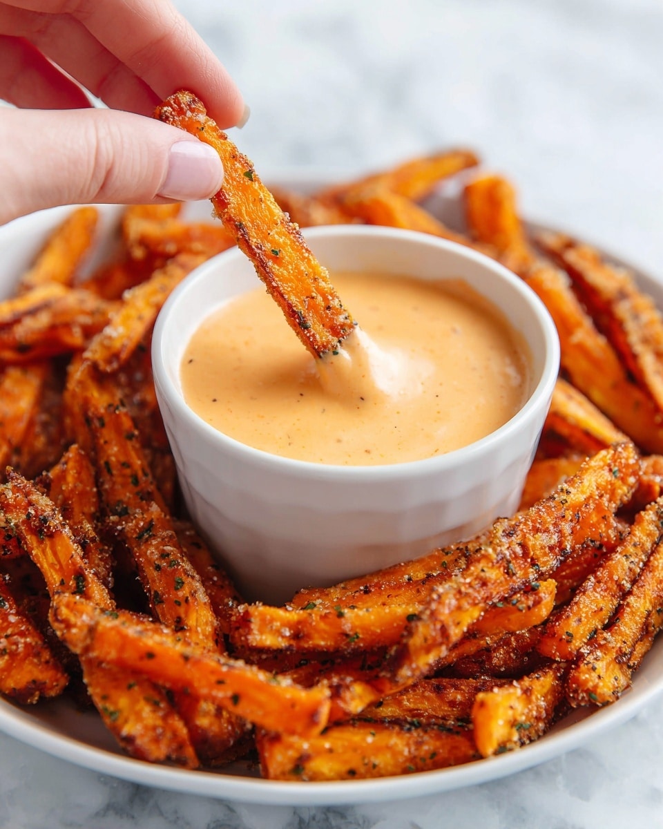 The image shows crispy carrot fries that look crunchy and golden brown, arranged around a small white bowl filled with a creamy light orange sauce. A woman's hand is dipping one carrot fry into the sauce. The bowl has a smooth texture, and the carrot fries have a rough, fried exterior with some darker spots. The background has a white marbled texture photo taken with an iphone --ar 4:5 --v 7