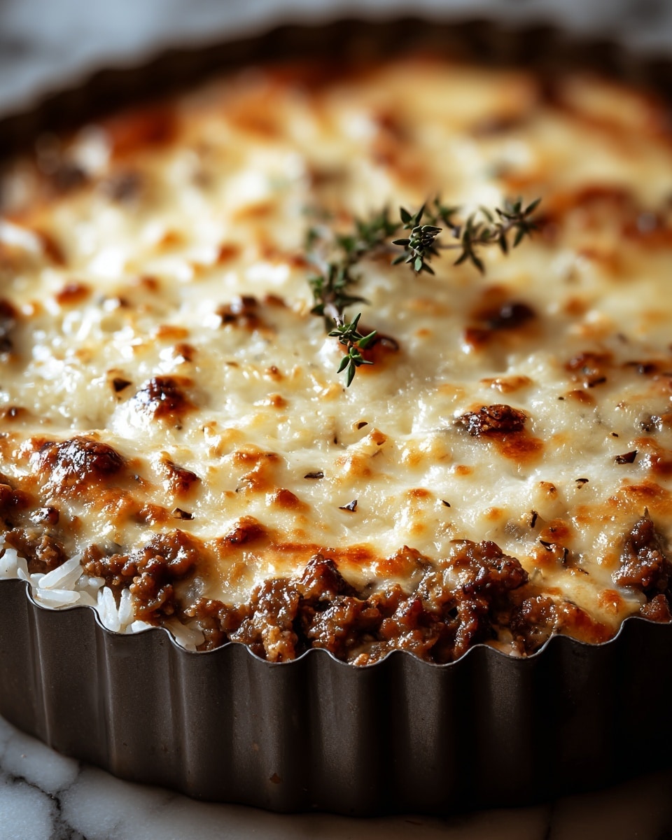 A close-up of a baked dish in a dark fluted tart pan featuring three visible layers: the bottom layer is white rice, the middle layer is browned ground meat, and the top layer is melted cheese with golden brown spots and small burnt herbs, garnished with a small sprig of fresh thyme in the center, all set against a white marbled texture. photo taken with an iphone --ar 4:5 --v 7