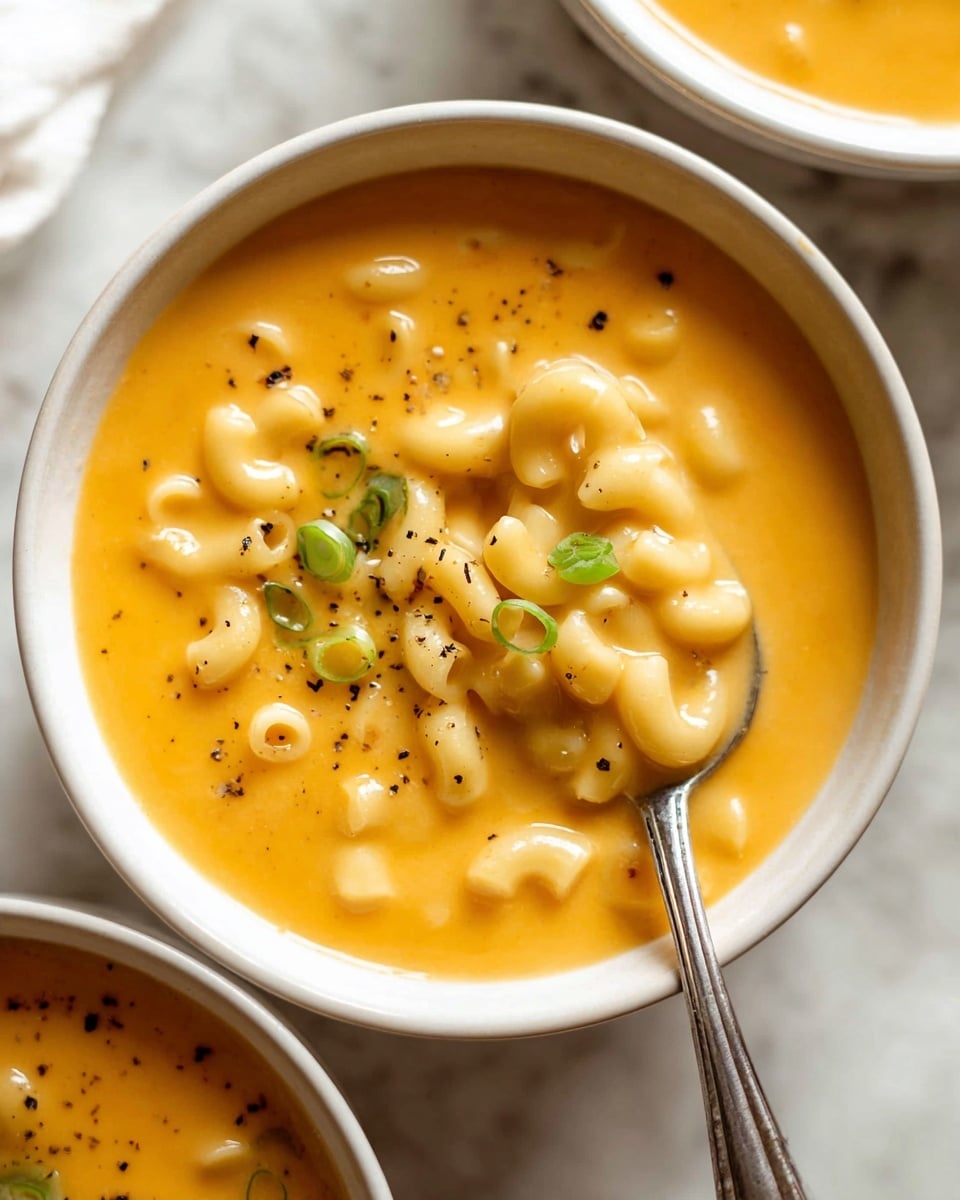 A white bowl filled with creamy, smooth orange cheese soup with small curved macaroni pieces submerged inside; some macaroni is lifted by a silver spoon showing its soft texture, with small green onion slices scattered in the soup and a sprinkle of black pepper dots on the surface. The bowl is placed on a white marbled surface with part of another bowl visible nearby. photo taken with an iphone --ar 4:5 --v 7