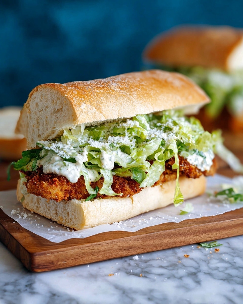 A sandwich on a white crusty baguette cut in half horizontally shows three layers; the bottom layer is the light beige soft inside of the bread, followed by a thick, crispy dark golden brown breaded chicken patty, topped with a generous amount of green leafy romaine lettuce mixed with creamy white dressing, with more grated white cheese sprinkled on top and around the sandwich. The sandwich rests on white parchment on a wooden board with a white marbled surface beneath it, with another sandwich blurred in the blue background. photo taken with an iphone --ar 4:5 --v 7