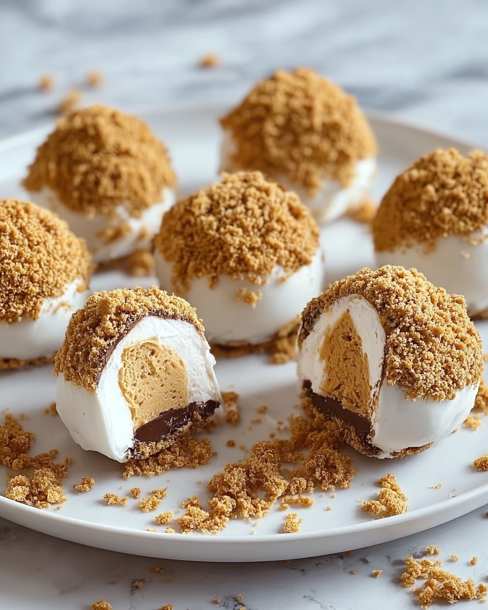 The image shows six small round dessert balls on a white plate with a white marbled surface under it. Each ball has three layers: the bottom and top layers are made of light brown crumbly cookie bits, with the top crumb layer spread unevenly, giving a rough texture. The middle layer is smooth and white, covering most of the ball. Inside, a golden brown creamy filling is visible in two balls that are bitten, showing a soft, dense texture. Some crumbs are scattered around the plate, adding a casual look. The photo taken with an iphone --ar 4:5 --v 7
