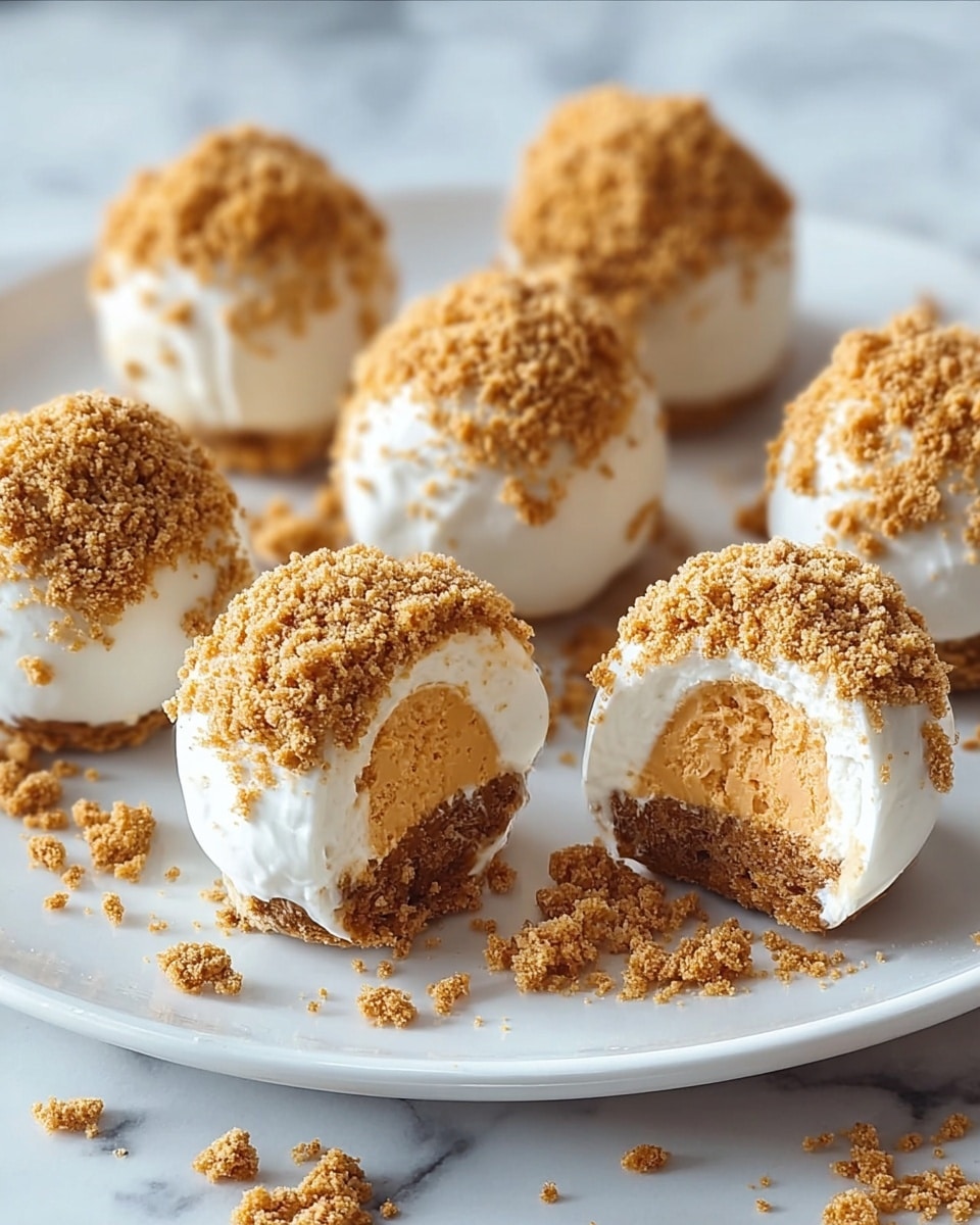 The image shows six round dessert balls on a white plate, each with three visible layers: a crumbly light brown base, a creamy orange middle, and a smooth white outer coating. The top half of each ball is covered with a crunchy light brown crumb layer, giving a textured look. Two of the balls are cut open, revealing the soft, orange creamy filling inside surrounded by the white layer. Crumbs are scattered around the plate and on the white marbled surface beneath. The photo taken with an iphone --ar 4:5 --v 7