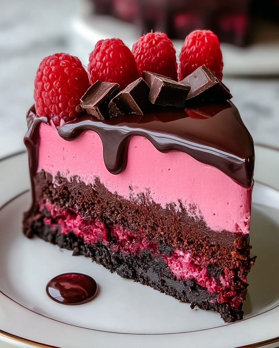A slice of cake with four distinct layers on a white plate with a thin gold rim. The bottom layer is a dark brown crumbly chocolate crust. Above it is a thick, glossy dark chocolate layer mixed with small bits of raspberry. On top of that is a smooth, bright pink raspberry mousse layer with a velvety texture. The top is covered with a shiny, dark chocolate ganache that drips slightly down the sides. On the ganache, there are four fresh, red raspberries and five dark chocolate chunks arranged in a line near the front edge of the cake. A small drop of chocolate ganache sits on the plate near the base of the slice. The background is a white marbled texture. photo taken with an iphone --ar 4:5 --v 7