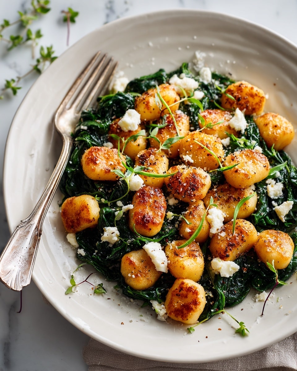 This dish shows a white plate with crispy golden-brown gnocchi pieces scattered on top of a bed of dark green sautéed spinach. Small chunks of white cheese are sprinkled unevenly over the gnocchi and spinach, adding texture. Tiny green herb sprigs are used as garnish on top. The plate is set on a white marbled surface with a vintage silver fork resting on the edge. Photo taken with an iphone --ar 4:5 --v 7