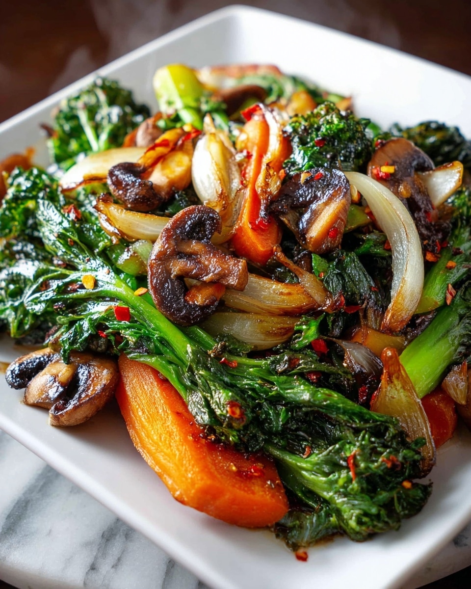 A white square plate holds a colorful stir-fry with several layers of cooked vegetables. At the bottom are bright green leafy stems with crinkled texture, topped unevenly by thick slices of orange carrot. Scattered above are caramelized brown mushrooms and browned onion wedges with a glossy look. Small bits of red chili flakes add a touch of red contrast. The vegetables look shiny and slightly oily, with steam rising, creating a fresh and warm feeling. The plate sits on a white marbled surface. photo taken with an iphone --ar 4:5 --v 7