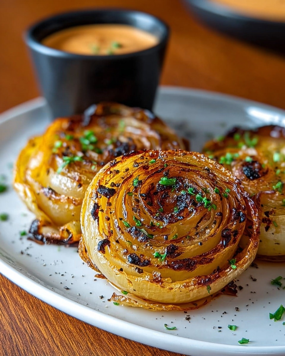 The image shows three golden-brown roasted onion slices arranged on a white plate, each slice with visible caramelized layers curling outward in a spiral pattern. The onion layers have a slightly crispy texture with charred spots, giving a rich brown and yellow color mix, topped with small green herb pieces scattered across them. Thin black pepper flakes are visible on the onion surface. To the side of the onion slices, there is a small black bowl filled with a creamy orange dipping sauce. The plate is placed on a wooden table with a blurred similar bowl in the background. photo taken with an iphone --ar 4:5 --v 7