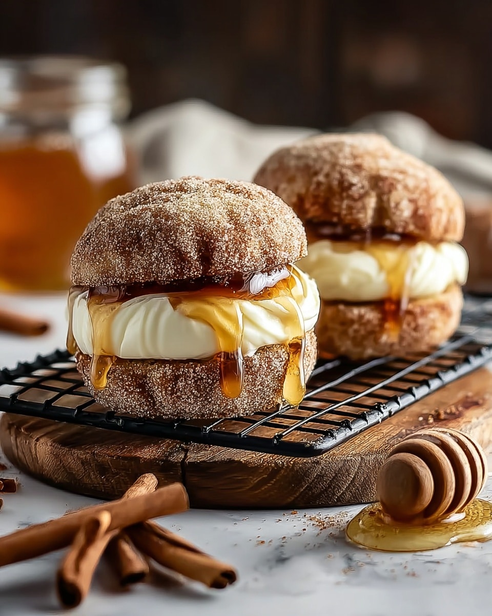 Two sandwich-like desserts sit on a black wire rack set on a wooden board with cinnamon sticks. Each has two round, sugar-coated cinnamon buns with a rough texture. Between the buns is a thick, smooth, white cream layer, topped with a glossy amber honey layer that drips slightly over the cream edges. The background is softly blurred with a honey jar and a honey dipper near the front. The surface beneath is a white marbled texture. photo taken with an iphone --ar 4:5 --v 7