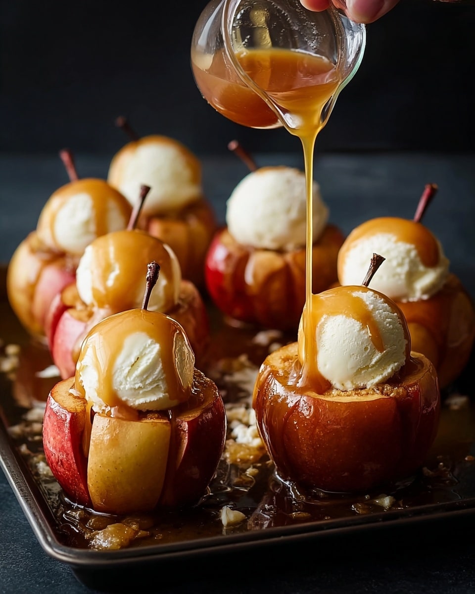 The image shows baked apples sliced into segments but still assembled in a circular shape, with a light golden-brown cooked texture on the inside. Each apple holds a smooth, round scoop of white vanilla ice cream in the center. On top of the ice cream, a golden caramel sauce is being poured in a thick stream from a small clear glass pitcher held by a woman's hand, dripping down the ice cream and apple segments. Each apple is topped with its original shiny red skin cap with a small stem. The apples sit closely together on a dark baking tray, contrasting with the shiny caramel and creamy ice cream. The background is simple and dark, emphasizing the warm colors of the apples, ice cream, and caramel sauce. photo taken with an iphone --ar 4:5 --v 7