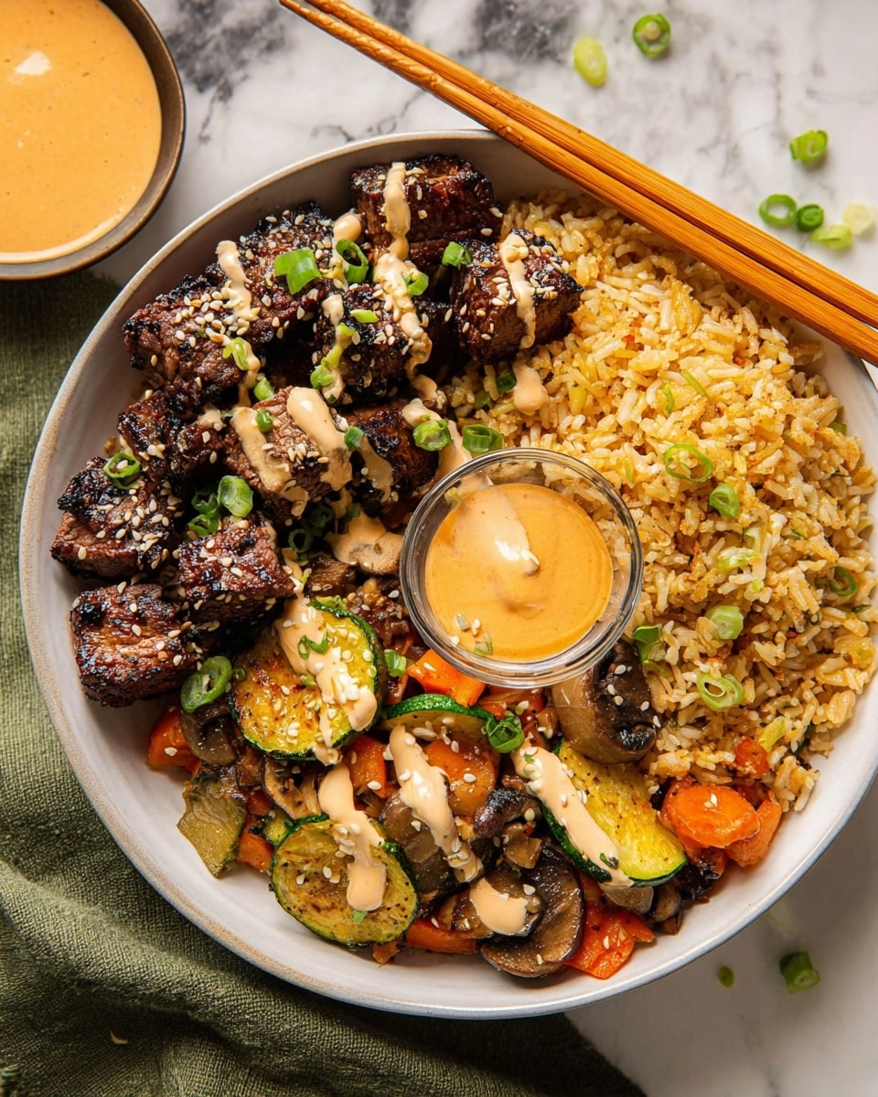 A white bowl filled with three main parts: on the left, dark grilled beef cubes topped with a light creamy sauce and sesame seeds, garnished with chopped green onions; below the beef, a mix of sautéed vegetables including orange carrot slices, green zucchini, and brown mushrooms, drizzled with the same creamy sauce; on the right, a generous scoop of golden fried rice mixed with small bits of carrot and green onions; a small round bowl containing a smooth, light orange sauce sits near the rice, and a pair of wooden chopsticks rest across the top edge of the bowl, set on a white marbled surface with a green cloth napkin underneath, photo taken with an iphone --ar 4:5 --v 7