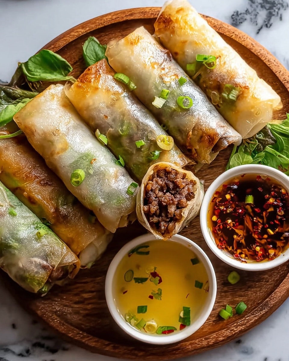 A close-up view of several translucent spring rolls arranged on a round white plate atop a white marbled surface. The spring rolls have thin, glossy rice paper wrappers showing textured fillings inside, including dark brown cooked meat and green leafy vegetables. The rolls are garnished with small pieces of chopped green onion scattered on top. Two small white bowls beside the rolls hold dipping sauces; one contains a light yellow liquid with floating green herbs and small bits of crushed peanuts, while the other bowl has a darker red sauce with visible chili flakes. photo taken with an iphone --ar 4:5 --v 7