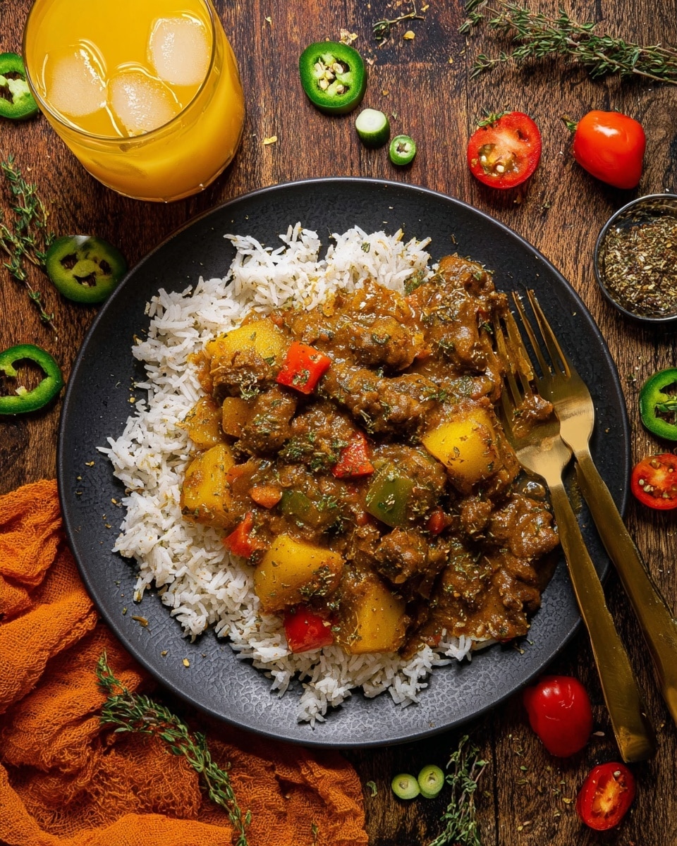 A dark plate holds a bed of white rice topped with a thick stew made of brown and greenish pieces of meat, yellow potatoes, and red pepper chunks, all covered in a rich, speckled brown sauce. On the right and left sides of the plate are two gold forks resting on the edge. The plate is set on a wooden table with scattered green and red peppers, small green onion slices, two sprigs of thyme, and an orange cloth nearby. At the top left corner, there is a glass filled with orange juice and ice cubes. The photo is taken with an iphone --ar 4:5 --v 7