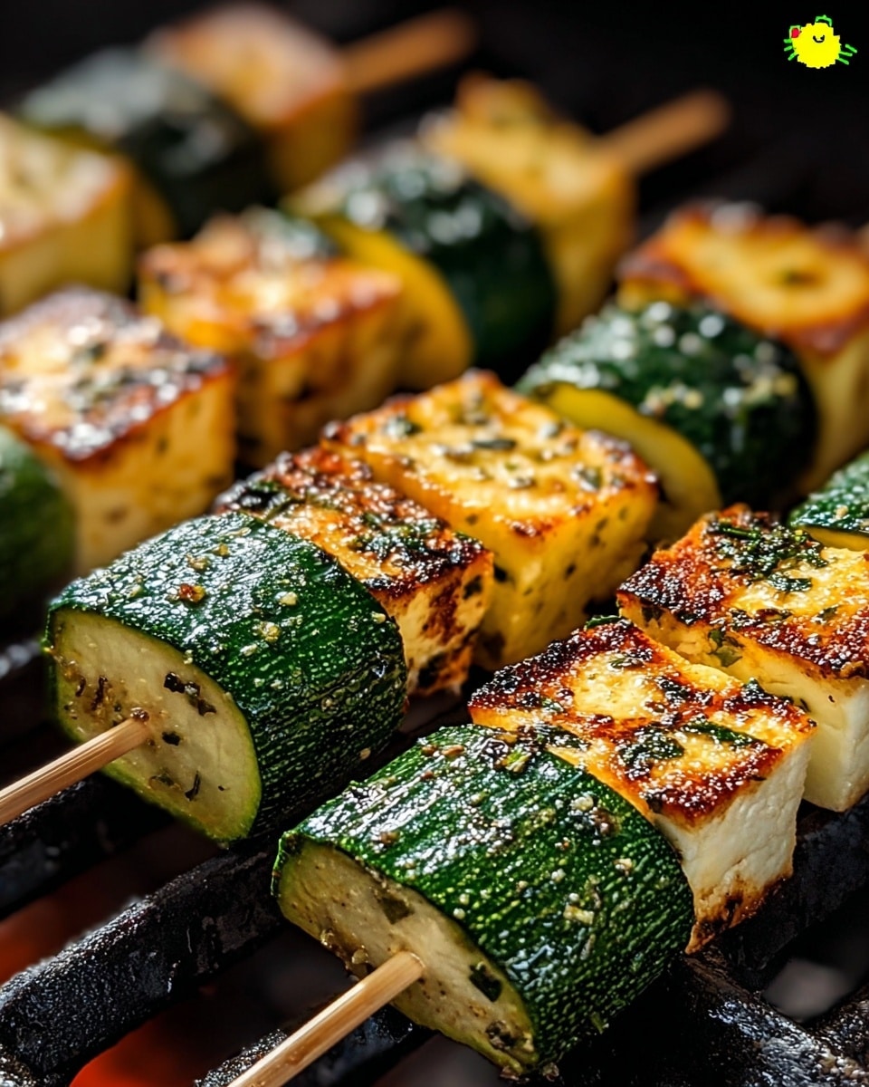 This image shows close-up grilled skewers with pieces of green zucchini and golden-brown cheese or tofu, arranged alternately. Each skewer has several thick chunks, with the zucchini displaying a textured green skin and soft juicy inside, and the cheese or tofu showing a crispy, slightly charred outer layer with specks of herbs. The skewers rest on dark grill bars, highlighting the glowing char marks and slight glistening from oil or marinade on the surface. The background has an out-of-focus effect, keeping the focus on the grilled food, food looks smoky and fresh. photo taken with an iphone --ar 4:5 --v 7