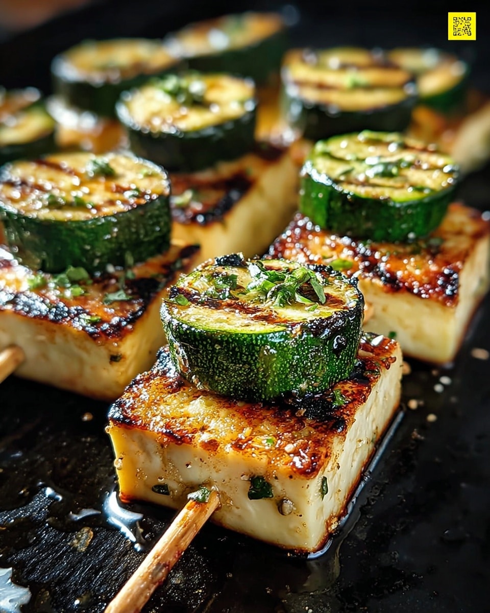 This image shows grilled skewers with two main layers per piece, each skewer having three pieces. The bottom layer is thick, golden-brown tofu with char marks, looking crisp on the outside. The top layer is green zucchini slices with a light charred edge, garnished with small pieces of fresh green herbs. The skewers lie on a hot black grill surface with oil glistening around them. The tofu and zucchini layers are almost square-shaped and stacked neatly. Photo taken with an iphone --ar 4:5 --v 7